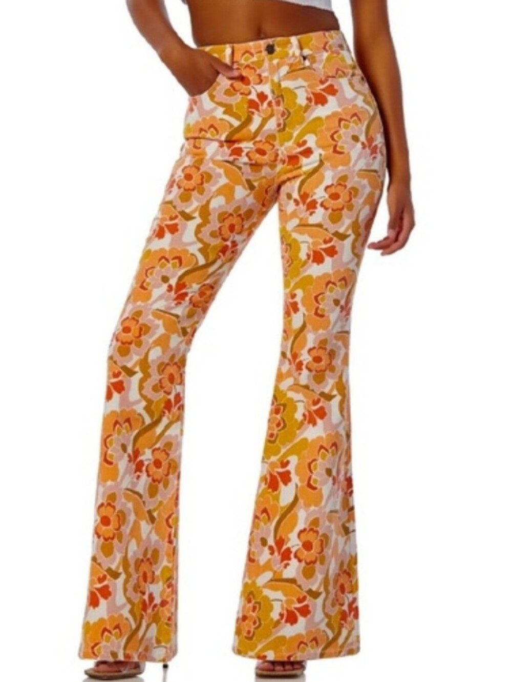 Revolve AFRM Sylar Retro 70s Hippie Orange Floral High-Waist Flare Bell Jeans 31